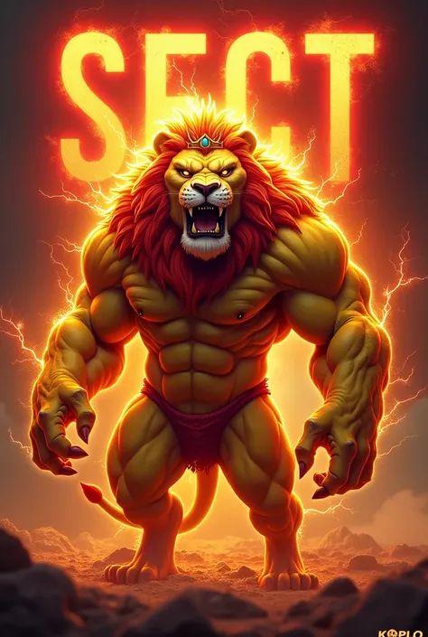 Design a bright 3D gaming logo: a fierce yellow monster lion king with charming lights and crown. Place “Sect” in red in the middle, radiating intensity, and position “Koplo” below for a radiant touch. Convey power and ferocity in dynamic visuals.