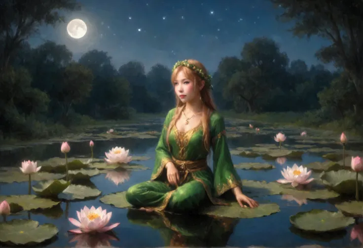 a cute elf, 1girl, yuna, age 25, lanky, ivy outfit, waist length golden hair, huge green eyes, moves gracefully through a lotus pond, reflection in water, vision of beauty, moonlit night, (best quality,4k,8k,highres,masterpiece:1.2),ultra-detailed,(realist...