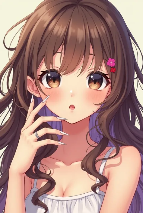 in AidaIros art style longer hair curly at the end she has long nails and is super cute