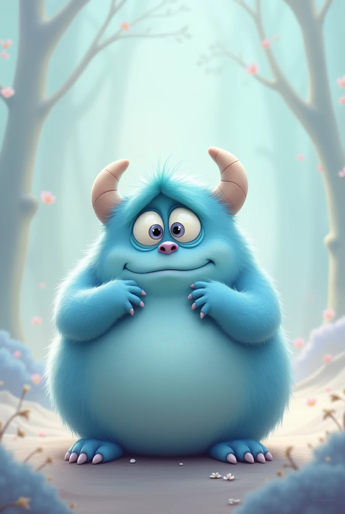 cute Pixar-style monster in pastel blue tones that represents the emotion of longing