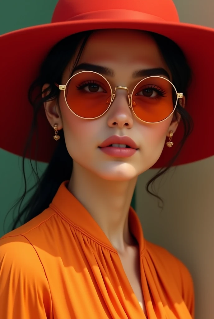 (photorealism:1.2), A  portrait of a young sexy Persian woman, with smooth skin, and a slender neck, wearing a vibrant, pleated orange blouse with a high collar that wraps around her neck. She has full, slightly parted lips with a natural pinkish tint. Her...