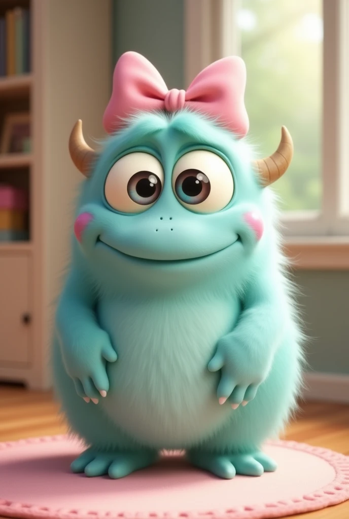 cute little Pixar-style monster in pastel blue tones that represents the emotion of longing, pink bow in the hair