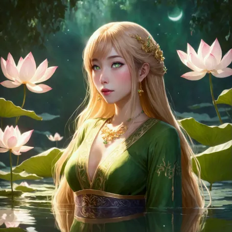 a cute elf  (yuna, age 25, lanky, ivy outfit, waist length golden hair, huge green eyes)  moves gracefully through a lotus pond, vision of beauty, moonlit night, extra attention to reflections