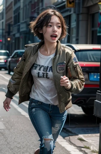 ((Highest quality)), ((masterpiece)), (detailed), 1 short-haired girl, （A flight jacket running away from a horde of zombies　Woman in jeans）Painful expression　Screaming　Real Image