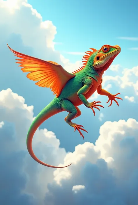 A colorful iguana flying in the white clouded sky realistic image 2d illustration 4k image 