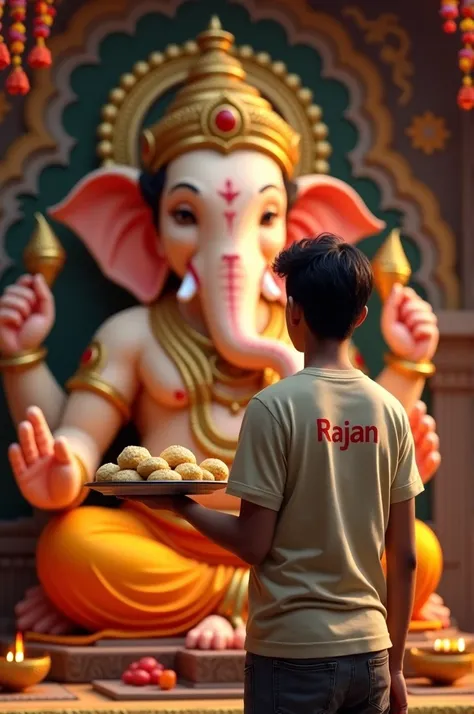 "Create an image of Hariom, a 20-year-old Indian boy, offering a plate of modaks (sweet dumplings) to a large, smiling Ganesha idol. He is wearing a t-shirt with Rajan printed on it. The background is a traditional Hindu altar, adorned with garlands and in...