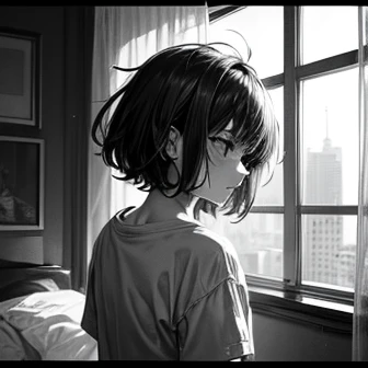 (Masterpiece, best quality) (depressed, black and white palette). Close up 1girl. short messy hair. Sad. T shirt. Messy room. Depressed city window view. Room. Anime