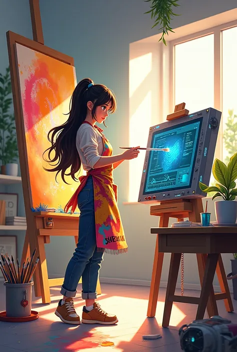 Hand-painted healing and fresh anime illustrations，In a modern art studio，A woman with long hair、The Asian artist with deep and lively eyes is standing in front of a huge canvas。The artist wears a colorful graffiti-style apron，Paintbrush in hand，Expressive...