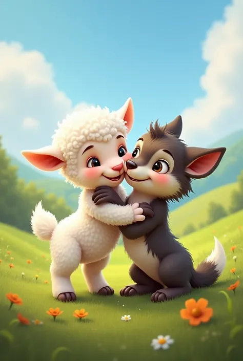 Show me real baby  lamb and baby wolf  smiling hug together
