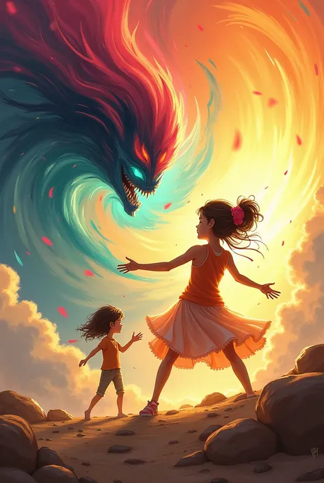 A girl creative bright sun colours force field with her power and a boy flying with attacking with wind powers both are fighting together against a villain 