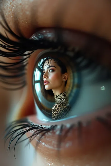 Close-up of a woman&#39;s eye ,and in the eye a beautiful woman in a leopard print suit