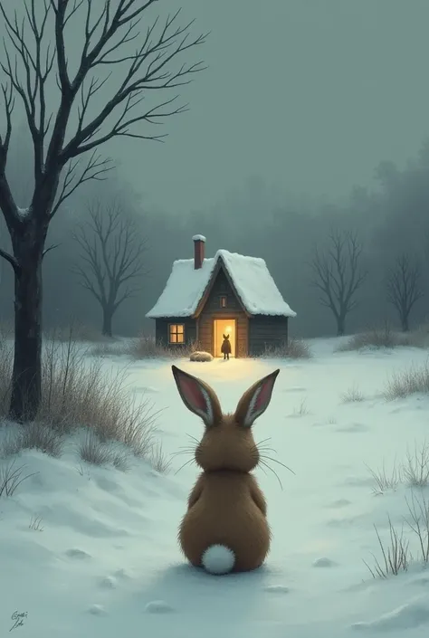 Rabbit standing alone in the cold, watching as all his friends crow, monkey and fox stay inside his house."