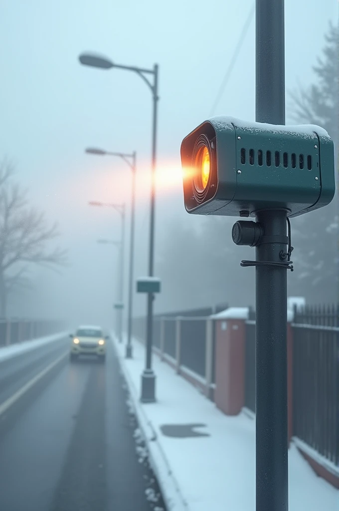 I want a image of portable fog cleaner of fog in winter it can easily be fit in street light and blow hot air to clear fog it is hand size 