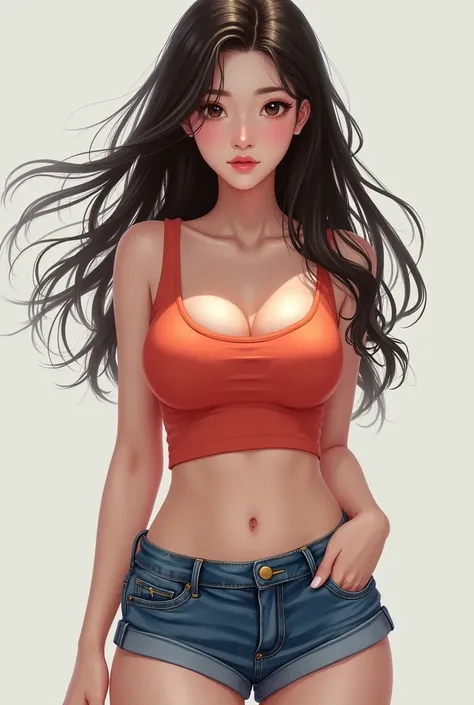 （lifelike， high - resolution：1.3）， 1 girl with a perfect body， Super fine face and eyes，slong hair， Tank top of random colors：1.2， short jeans， big boob， Expose cleavage white skin round face koriean face 