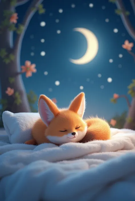 To create an image like this, the prompt could be:

"An adorable, fox-like creature with large ears is peacefully sleeping on a bed under a night sky filled with stars and a crescent moon. The scene has a dreamy and calming atmosphere, perfect for a nightt...