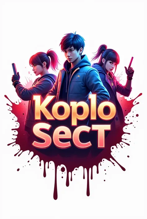 Bright 3d gaming logo design with Mobile Legend game characters on the back glowing brightly, in the middle it is written "Koplo Sect", The logo background is white with blood splatters around it.