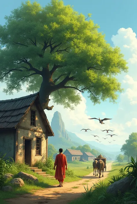 Beautiful scenery
A green tree
An old house
A person 
A bullock cart
A long row of villages
A flock of herons