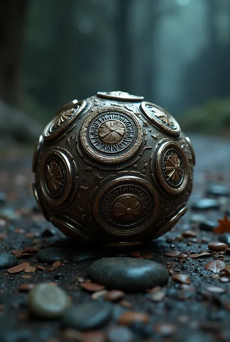 intricate amulet, multiple layers of antique seals covering the whole amulet, fallen on ground, orb-shaped, best quality,4k,8k,highres,masterpiece:1.2,ultra-detailed,realistic,photorealistic,photo-realistic:1.37,detailed,nocturnal,side view,top view