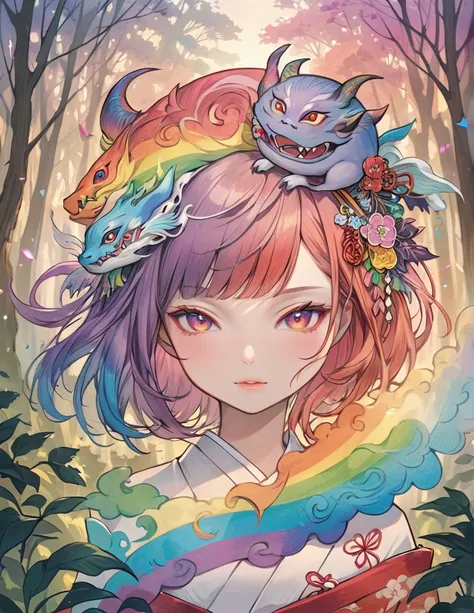 One Woman, Japanese Yokai, Draw a beautiful monster portrait, Beautiful art, colorful, rainbow, in the forest