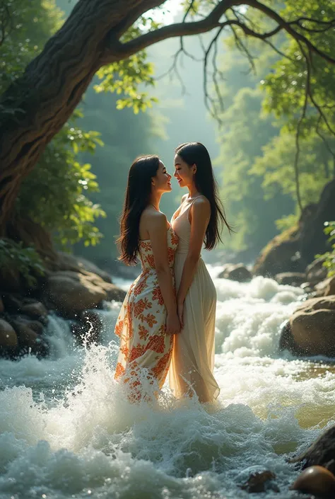 ภาพเหมือนจริง,twowomen look healthy cheerfully , side-parted straight long hair and modeiing , play in the Water in the stream on the branches of a tall in the forest , leafless tree, many tall,,strong water flow,Strong wind,romantic atmosphere, girl Dress...