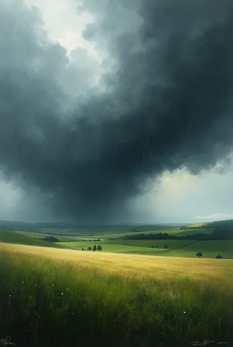 Storm with heavy air and rain in fields painting 