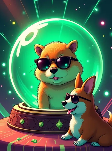 masterpiece, Fortune telling A cute capybara wearing sunglasses is trapped inside a crystal ball that radiates emerald green flashes A cute corgi dog wearing sunglasses is smiling at the crystal ball Speed lines, Optical illusion, fluorescence, アニメ風, イラストレ...