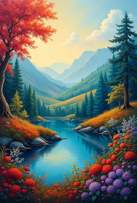 Make me a scenery painting with all the colors in the color wheel (Primary, Secondary, Tertiary) landscape 
