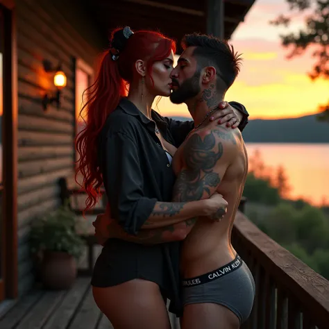  High Resolution, A red haired goth woman with a big chest and big juicy butt, freckles, gauges and tattoos she is wearing an oversized button up shirt with nothing underneath but a thong while with a goth fit man with short black hair, a goatee, gauges & ...