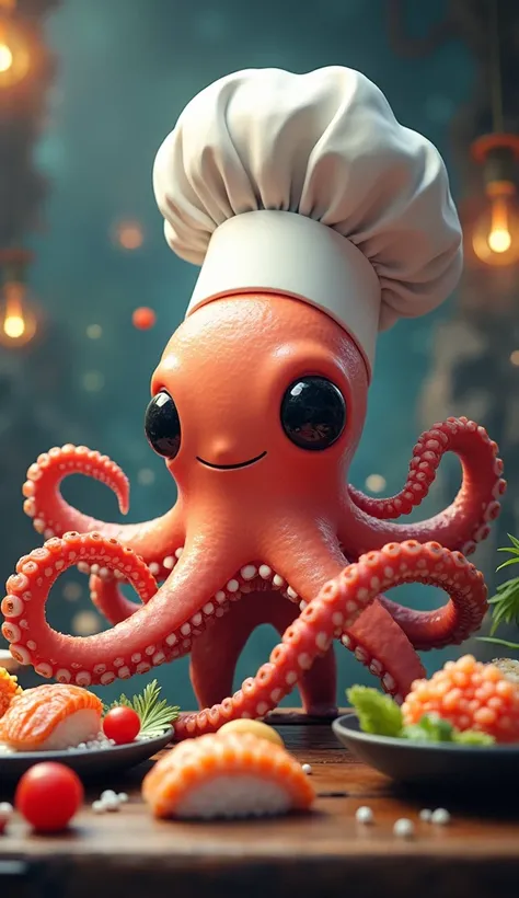 Masterpiece. Double exposure. 16K. UHD. High quality, photorealism. Thematic background. Dynamic plot. Happy chibi chef octopus. Prepares sushi. Full height. Expressive detailed face. Look at the viewer. Science fiction. Mysticism. Stunning full color desi...