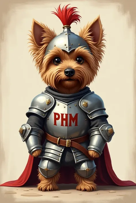 a cute yorkshire terrier knight with medieval armor and helmet with "Phm" written on the chest plate. i want a square image.