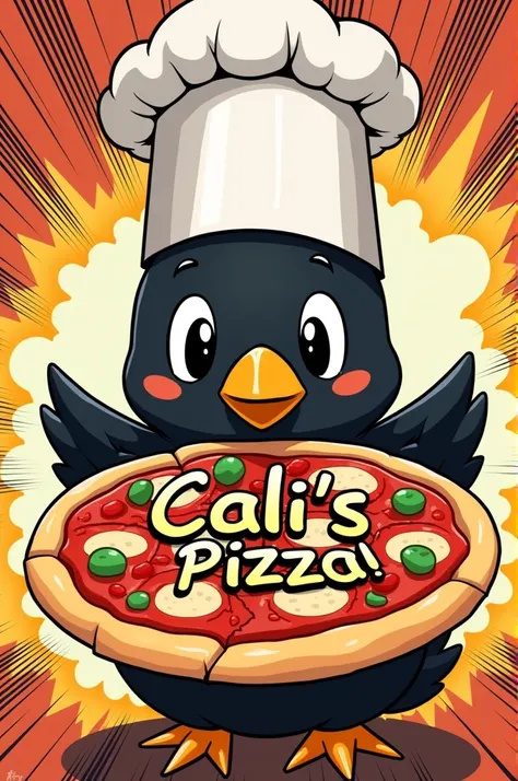 Calimero in manga with a chef&#39;s hat and a pizza with cali&#39;s pizza written on it 