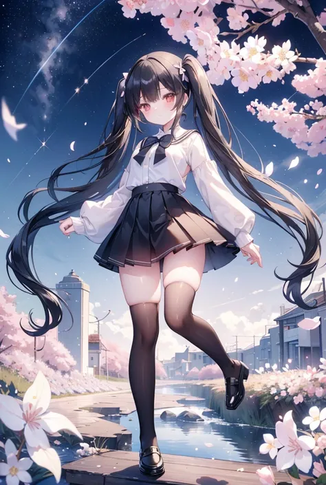 (Masterpiece)、Highest quality、Highest quality、High resolution、Beautiful girl with black hair and twin tails、White knee-high socks、Black Loafers、Shiny Hair、Glowing Skin、mini skirt、Medium chest、Slim body、Natural scenery with cherry blossoms falling、Starry Sk...