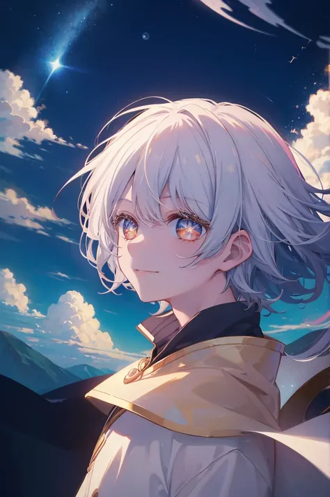 masterpiece, best quality, ultra-detailed, 1 small boy, solo, fantasy, floating in the sky, outdoors, magic, spells, moon, stars, clouds, wind, white hair, beautiful face, bright smile, bright golden eyes