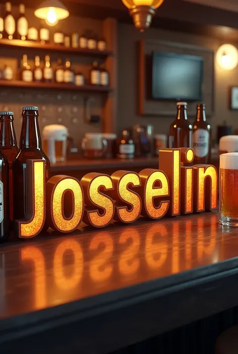 Create an image with the first name &quot;Josselin&quot; in 3D with several beers around the first name , ajouts le decors d’un bar en fond 