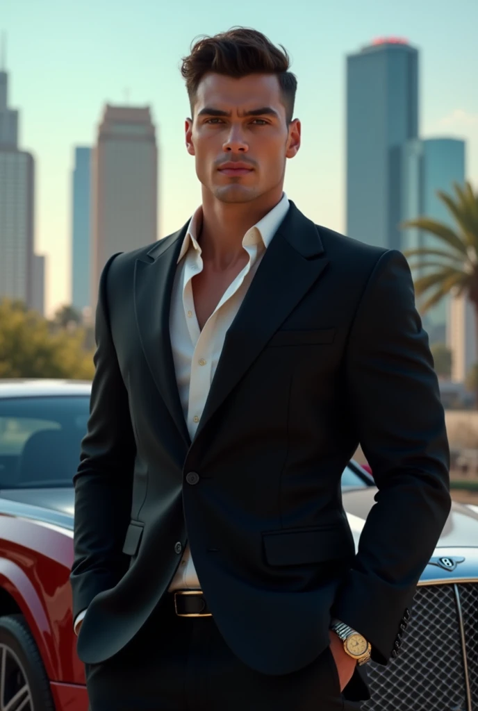 Rich young white-skinned man with beautifully styled short curly hair in front of the Los Angeles skyline in a black suit with a Bentley and Rolex on his arm 