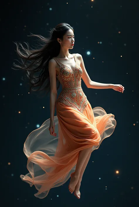 Create an image of a young female model wearing a Thai dress in space.