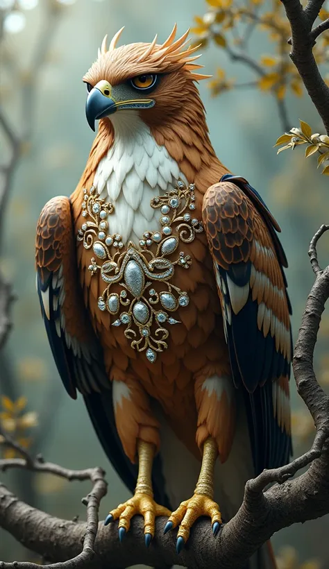 best quality, Amazing realistic hawk in his torso an artistic drawing , perched on branches detalhes intrincados, elegante, voluminetric lighting, its feathers are studded with diamonds and pearls, realistic 8k