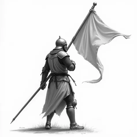 A warrior or knight in medieval armor and medieval helmet, holding a flag with both hands, the flagpole rests on his shoulder, The warrior holding the flag with his hands and resting it on his shoulder, the flagpole is tilted, The medieval warrior is seen ...