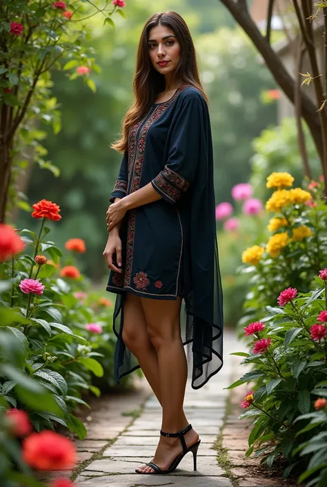 Kareena kapoor in a garden with a short  kurti with dark colors full photo with heels 