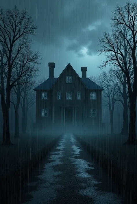 A dark night with heavy rain and a house back ground full winter trees a closup shot of the house very heavy rain very heavy rain 