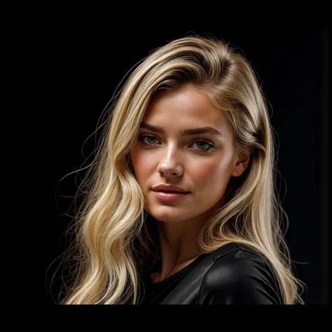 a beautiful blonde woman, wearing a black t-shirt, facing the camera, highly detailed, symmetrical face, cinematic lighting, photorealistic, 8k, sharp focus, physically-based rendering