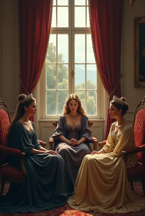 The three queens are shown gathered inside the palace, discussing their concerns about not having children. Their faces show sadness and uncertainty. A view of the outside is visible from a window in the palace nearby."