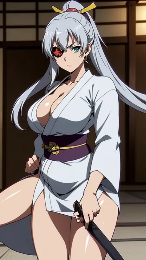 anime(Hyakka Ryouran: Samurai Girls), female teen , sexy (very big tits), actress(Gisen Yagyū) , Green eyes, Gray hair that is To Waist length, eyepatch, dress (kimono), She is sharpening her sword at the sword training dojo. 