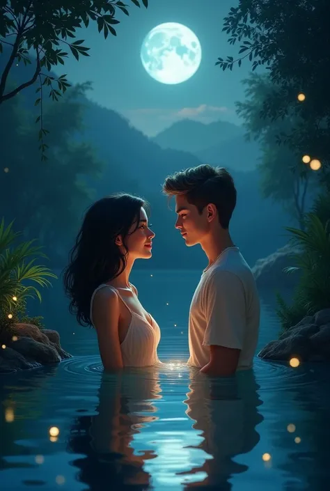 A happy beautiful black haired woman,together with a blond man at night in the realistic lagoon