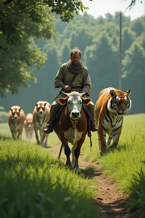 A shepherd is riding a cow in a field. A tiger came out from the nearby forest. Seeing the tiger, the cows ran away.