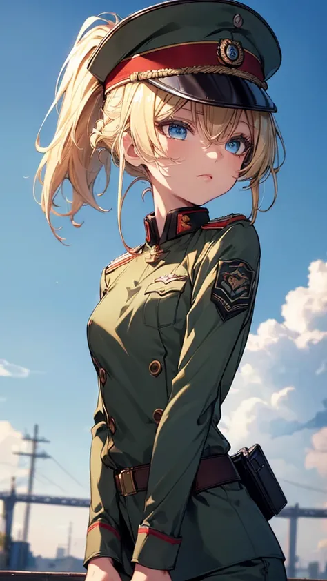 (upper body:1.3),tanya,(blonde hair.short hair,ponytail),1girl, solo, small breasts,slender,skinny,military,(military uniform,pants,military hat),Blue sky, clouds,masterpiece,Noise Reduction,perfect anatomy,high resolution, ultra-detailed, ultra-detailed f...