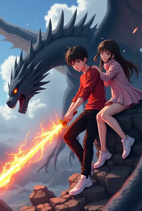 Create a 3D anime characters man sitting on a shadow demon dragon,is wearing red shirt,black pant, white shoes and holding the fire sword.To the boys left,there is a gorgeous girl wearing pink sweater , scark and white shoes. 