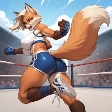 female, fighting, boxer, fox, big breast, big ass, solo, furry,