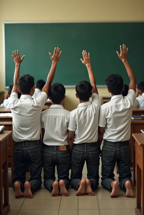 Side view of Four  sri lankan young men wearing white shirt short sleeve black denim trousers large and belt kneeling straight in the class room in a corner with their hands raised straight high up. Boys are the looking down in shame other students studyin...