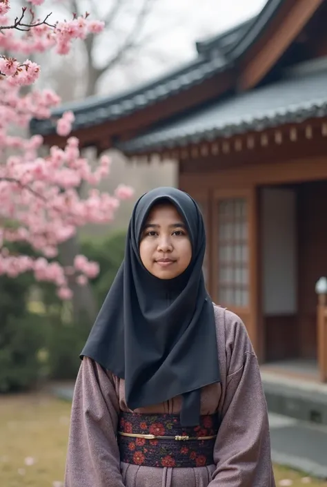 professional photographer, a Korean woman, wearing a long hijab covering her chest, wearing a kimono, behind her is a Japanese house and cherry blossoms are falling, the atmosphere is calm, peaceful and comfortable, the lighting is soft. camera focused, ca...